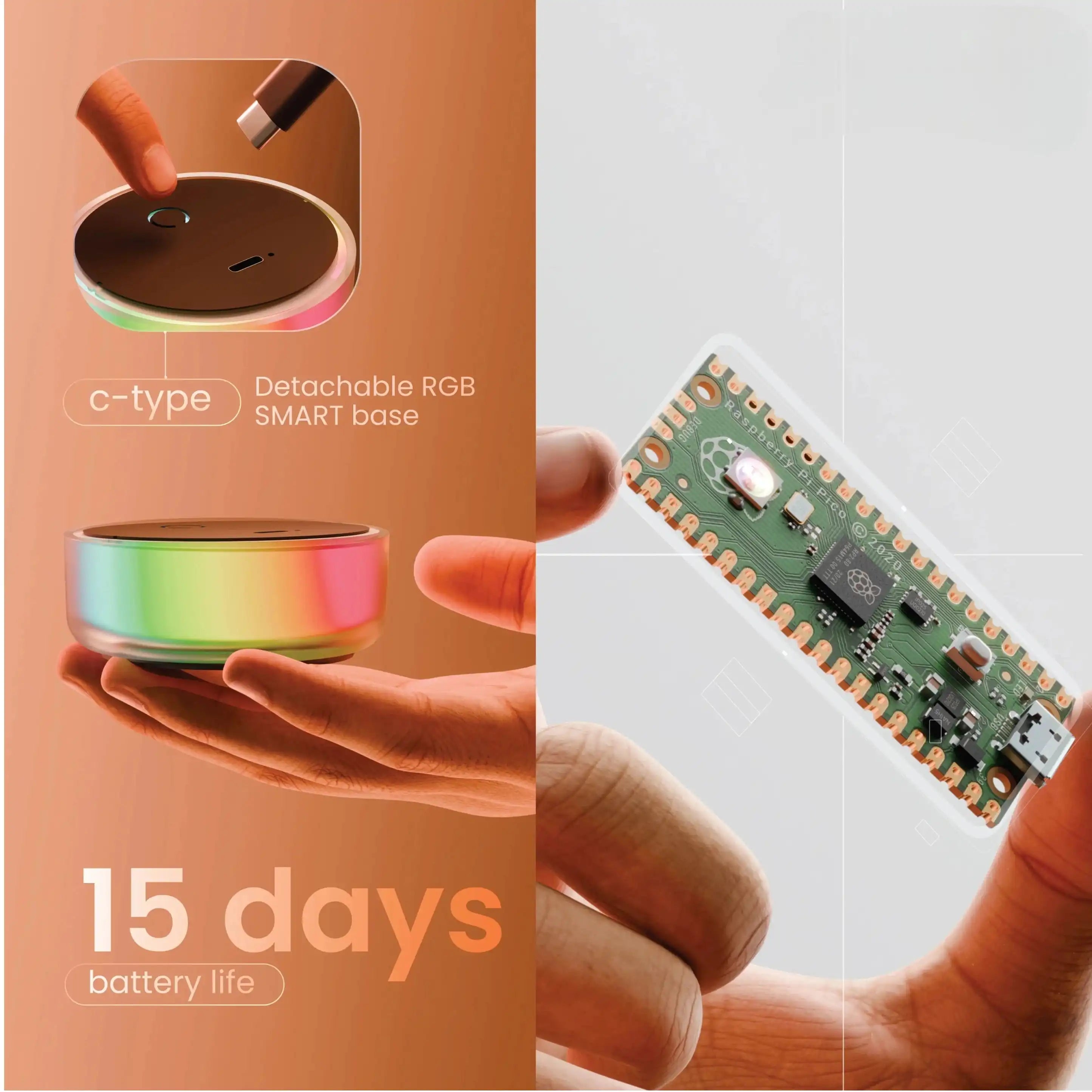 Smart RGB base and circuit board with '15 days battery life' text on an orange background