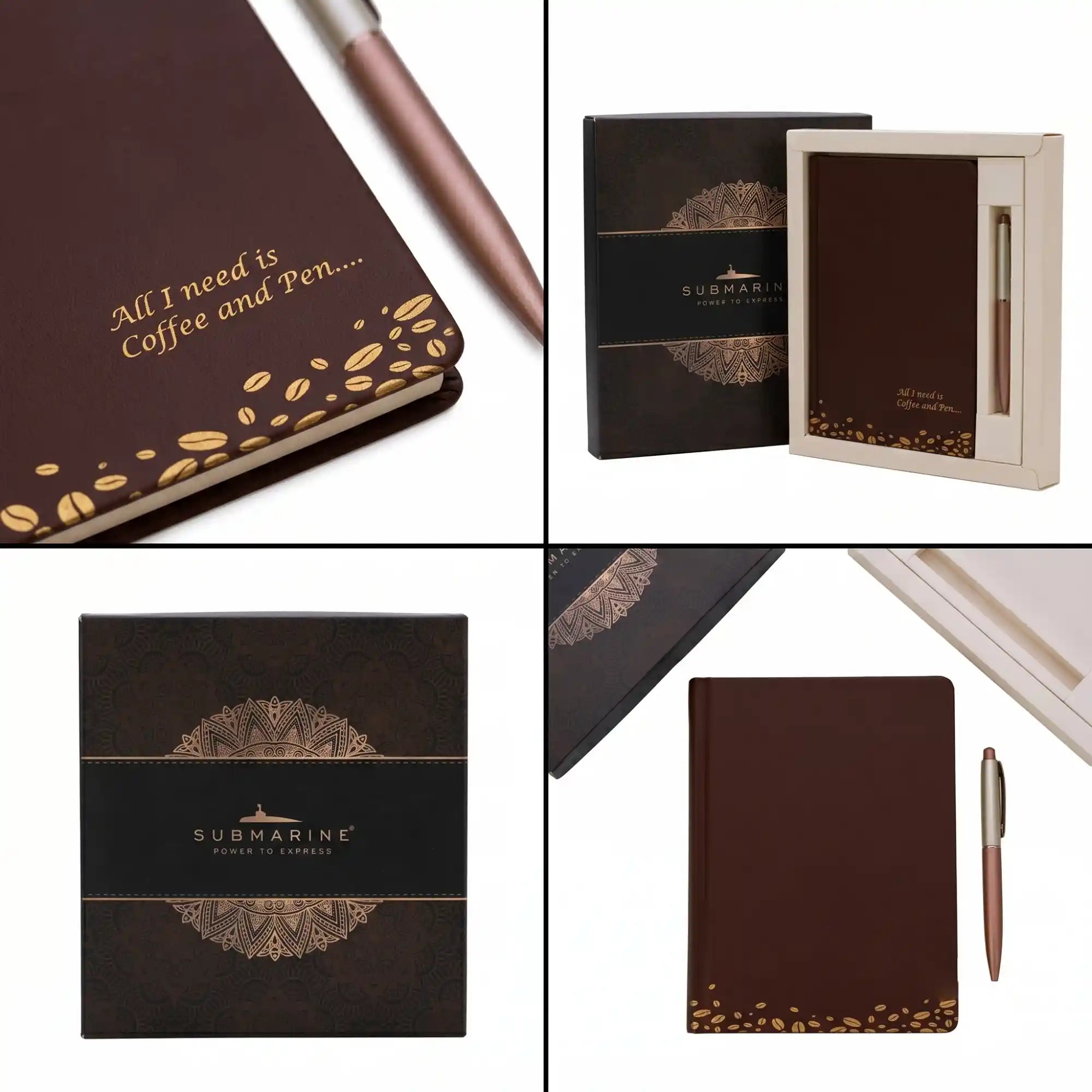 A four-panel product showcase grid featuring a "Submarine Power to Express" gift set. The top-left panel is a close-up of a brown textured journal cover with gold embossed text, "All I need is Coffee and Pen...." and gold coffee beans, with a pen to the side. The top-right panel shows a dark, patterned box and an open cream-colored presentation box with the journal and pen inside. The bottom-left panel is a direct view of the closed, dark patterned outer box with a gold "SUBMARINE POWER TO EXPRESS" logo.