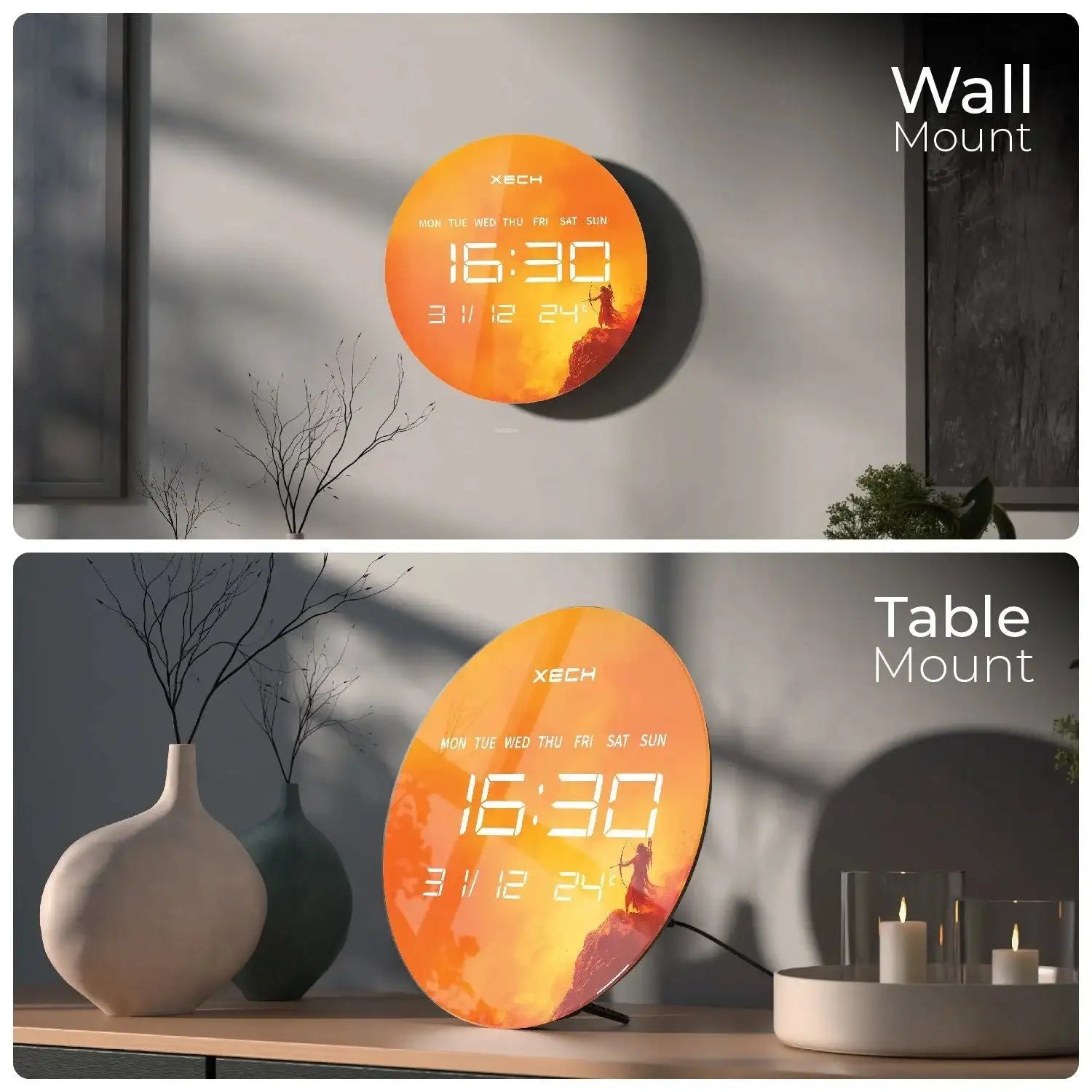Digital clock displayed on a wall and table with 'Wall Mount' and 'Table Mount' labels.