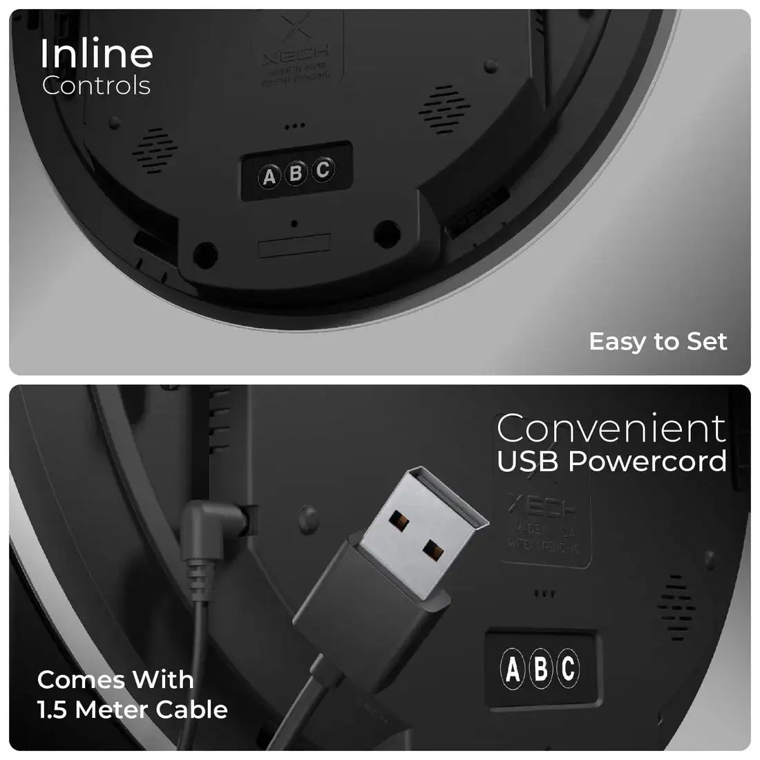 Product with inline controls and USB power cord, featuring Xtech branding.