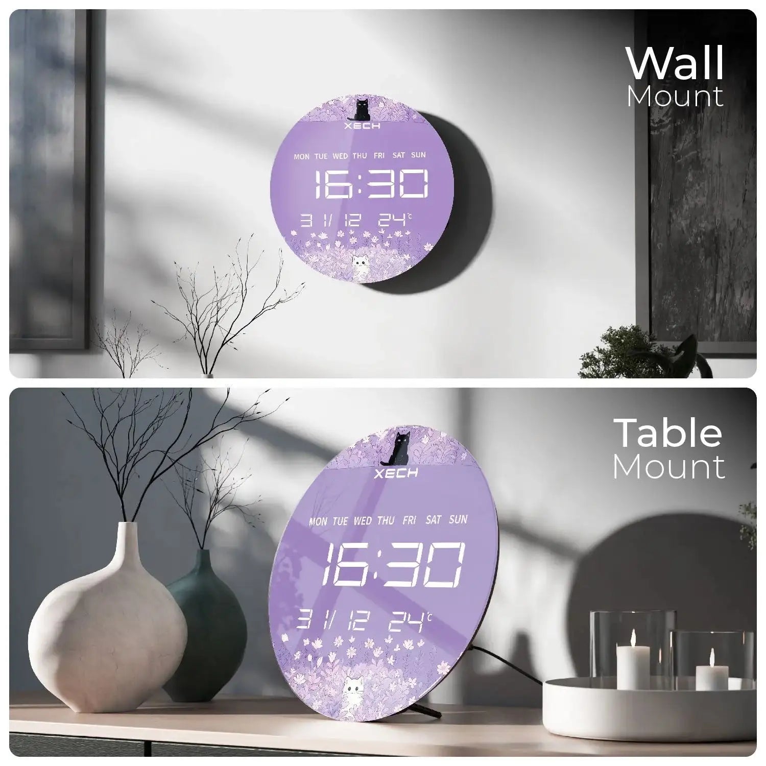 Digital wall clock and table clock with purple display in a home setting.