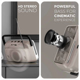 Speaker with text highlighting HD stereo sound and powerful bass for cinematic experience.