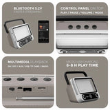 Multimedia player with features highlighted on a gray background